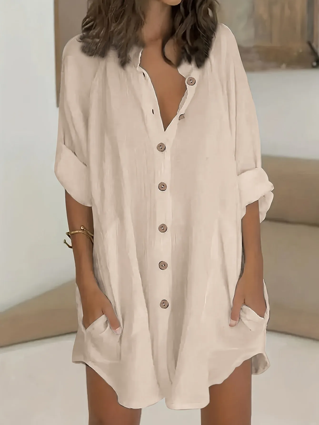 Plus Size Simple Solid Shirt, Casual Button Front Long Sleeve Shirt