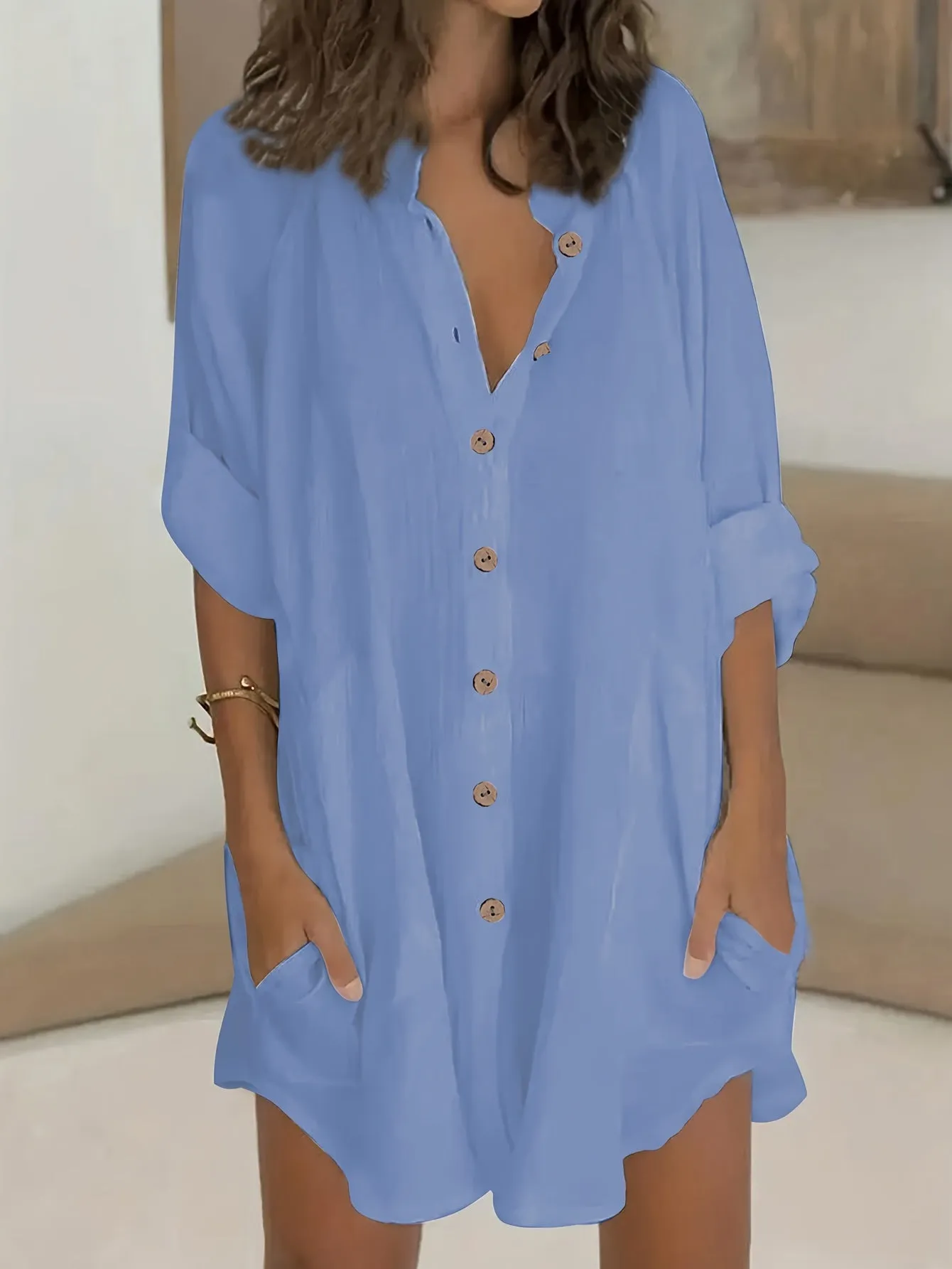Plus Size Simple Solid Shirt, Casual Button Front Long Sleeve Shirt