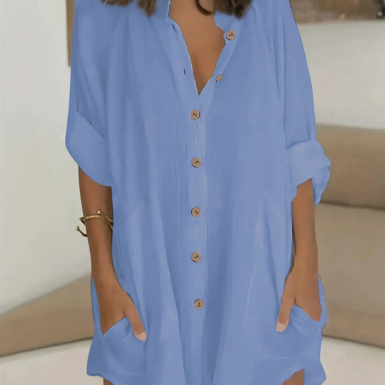 Plus Size Simple Solid Shirt, Casual Button Front Long Sleeve Shirt