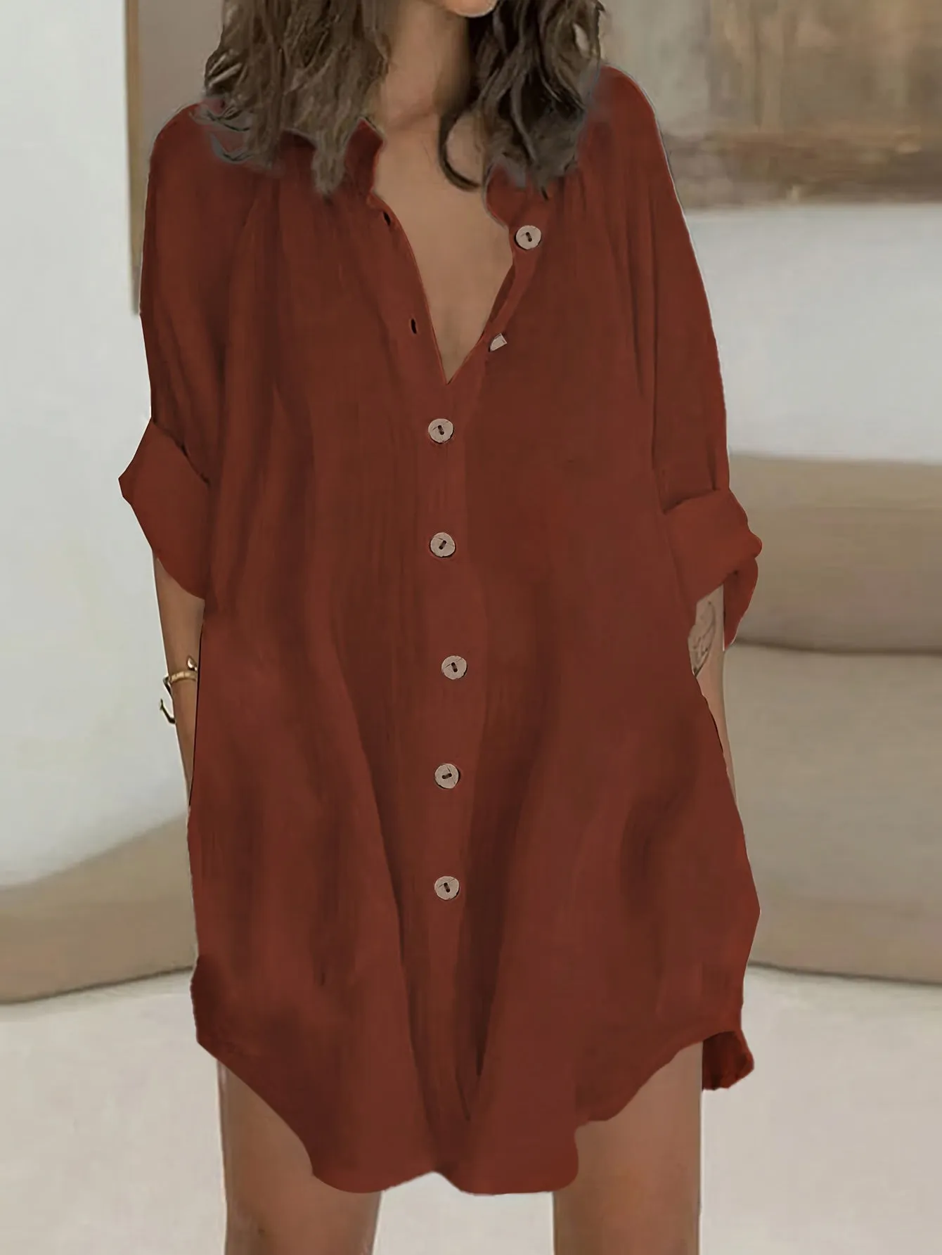 Plus Size Simple Solid Shirt, Casual Button Front Long Sleeve Shirt