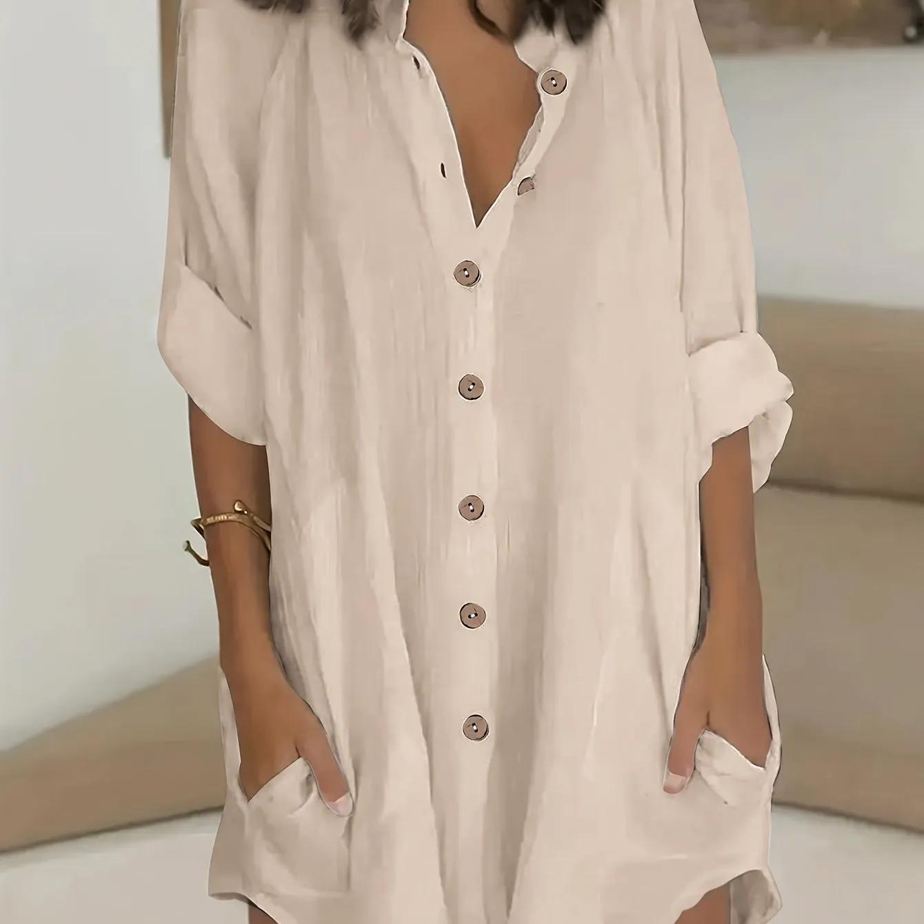 Plus Size Simple Solid Shirt, Casual Button Front Long Sleeve Shirt
