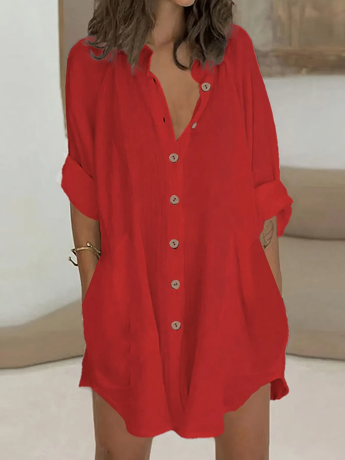 Plus Size Simple Solid Shirt, Casual Button Front Long Sleeve Shirt
