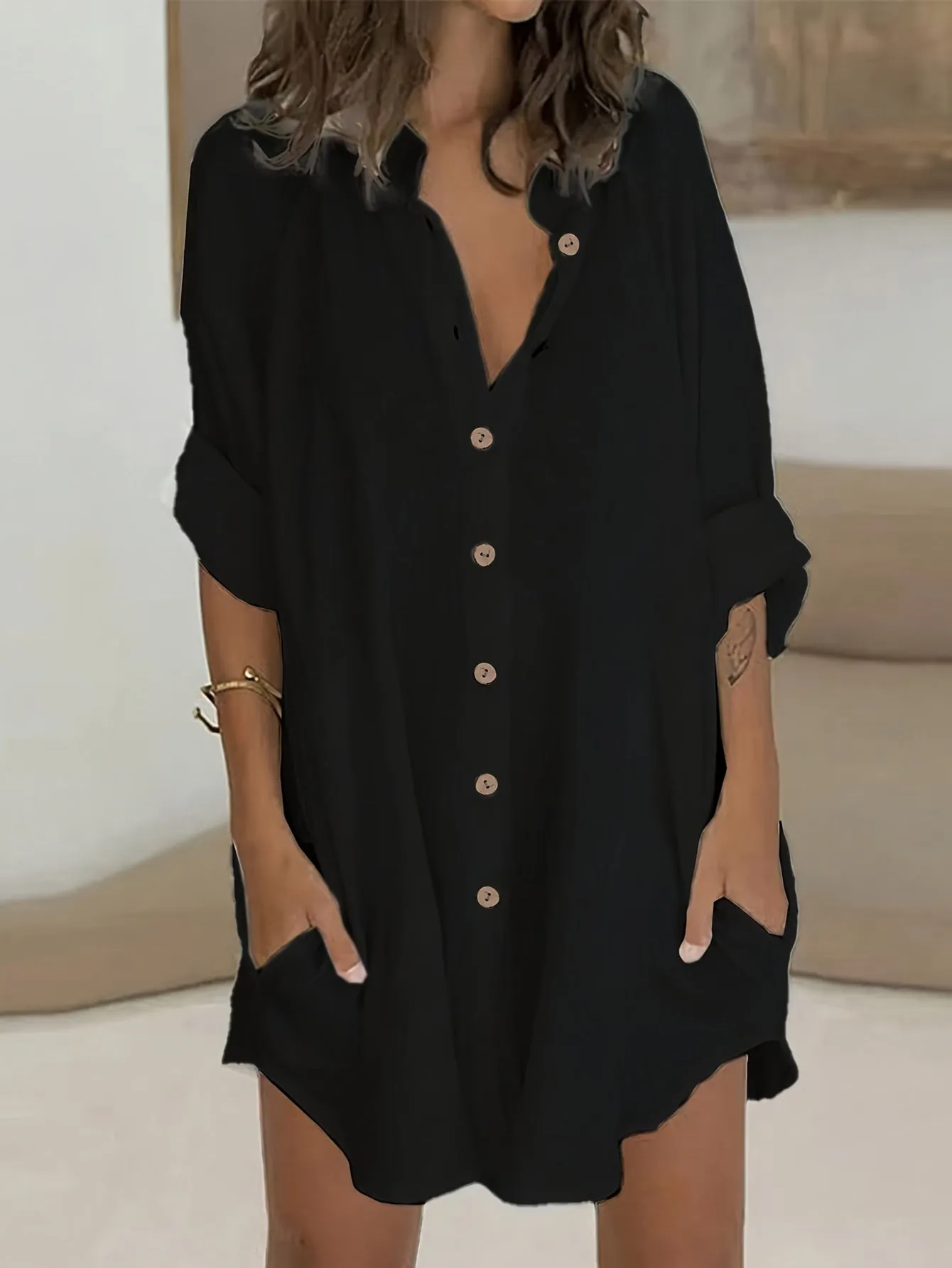 Plus Size Simple Solid Shirt, Casual Button Front Long Sleeve Shirt