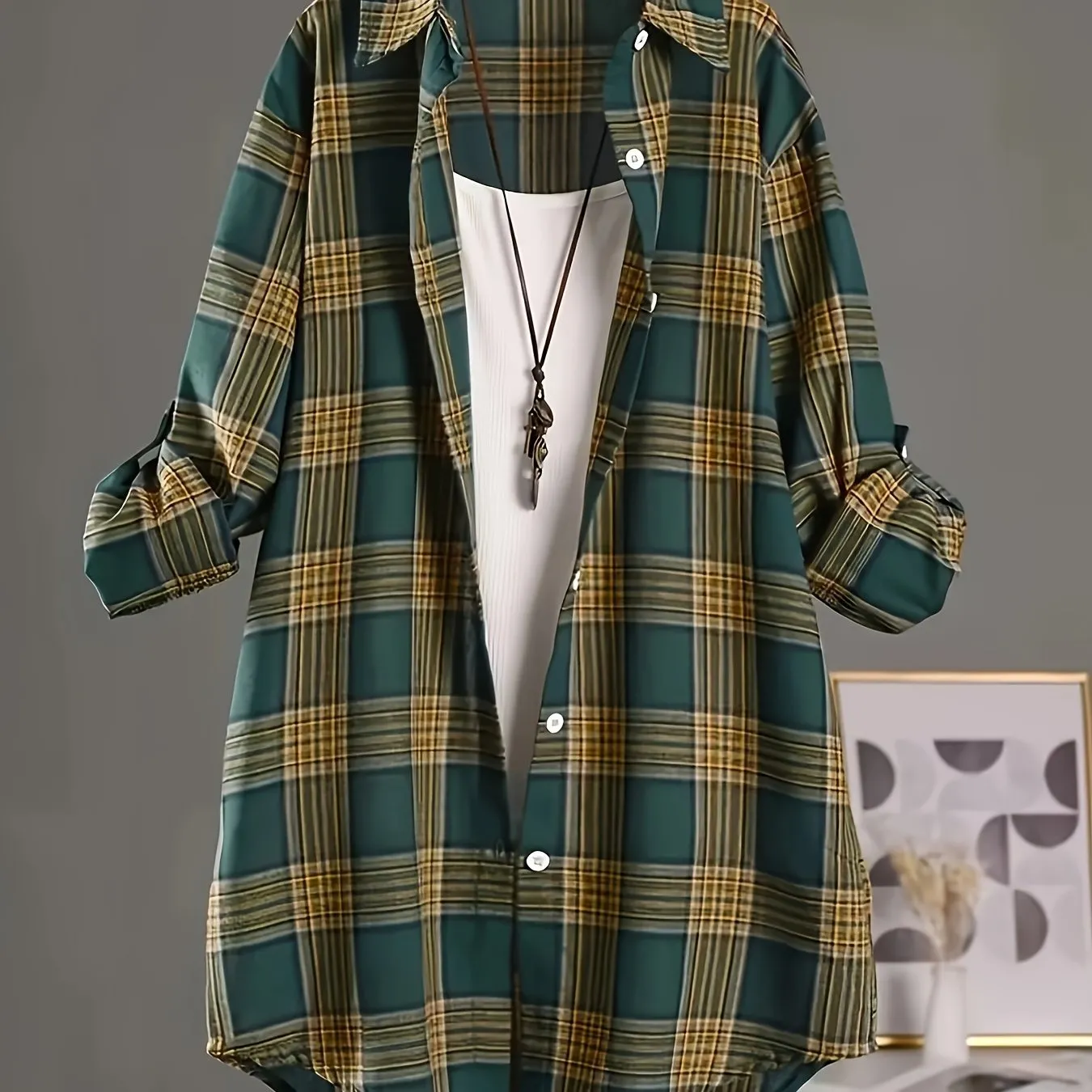 Plus Size Womens Casual Plaid Shirt - Lapel Collar, Dipped Hem, Non-Stretch Cotton, Semi-Sheer, Long Sleeve, Button Front, Woven, Perfect for All Seasons