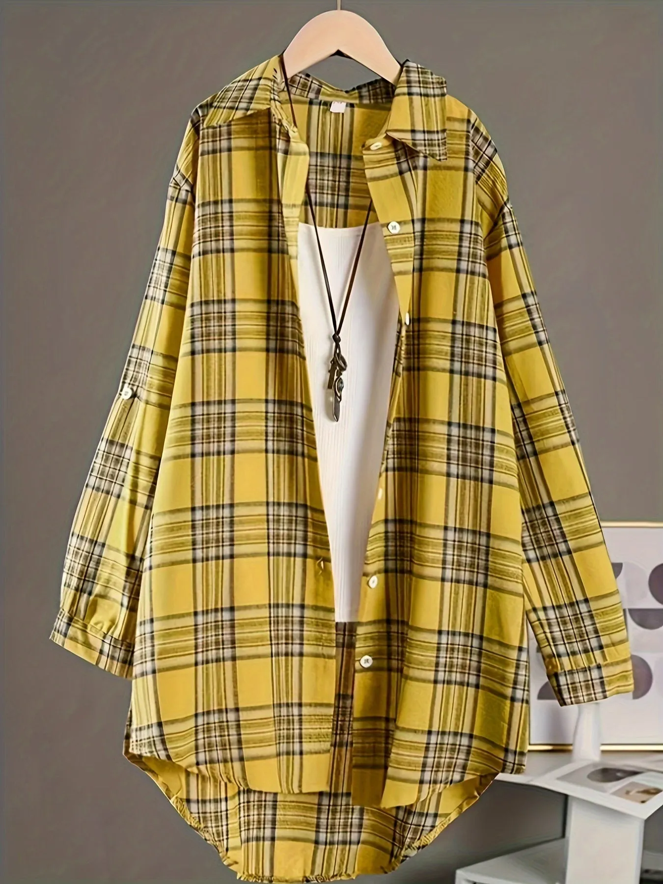 Plus Size Womens Casual Plaid Shirt - Lapel Collar, Dipped Hem, Non-Stretch Cotton, Semi-Sheer, Long Sleeve, Button Front, Woven, Perfect for All Seasons