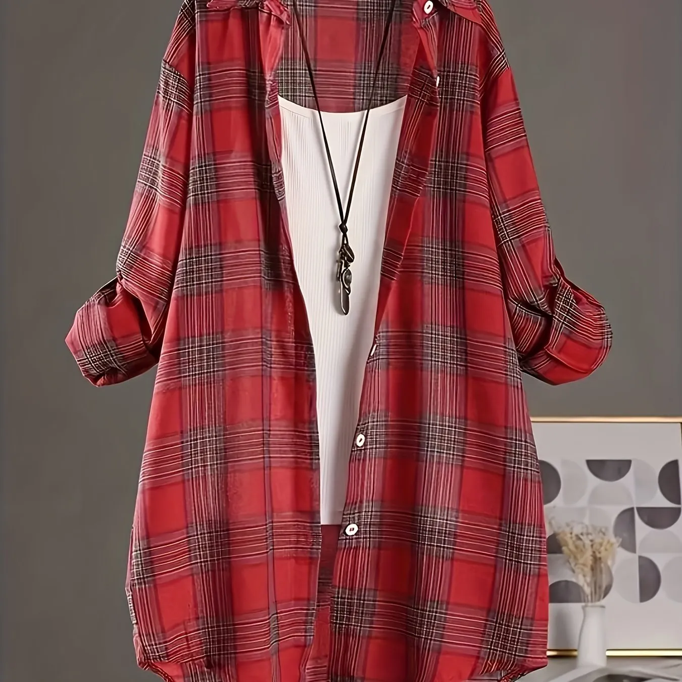 Plus Size Womens Casual Plaid Shirt - Lapel Collar, Dipped Hem, Non-Stretch Cotton, Semi-Sheer, Long Sleeve, Button Front, Woven, Perfect for All Seasons
