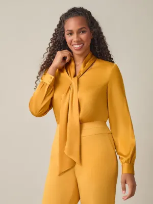 Plus Tie-Neck Long Sleeve Blouse, Gold Signature