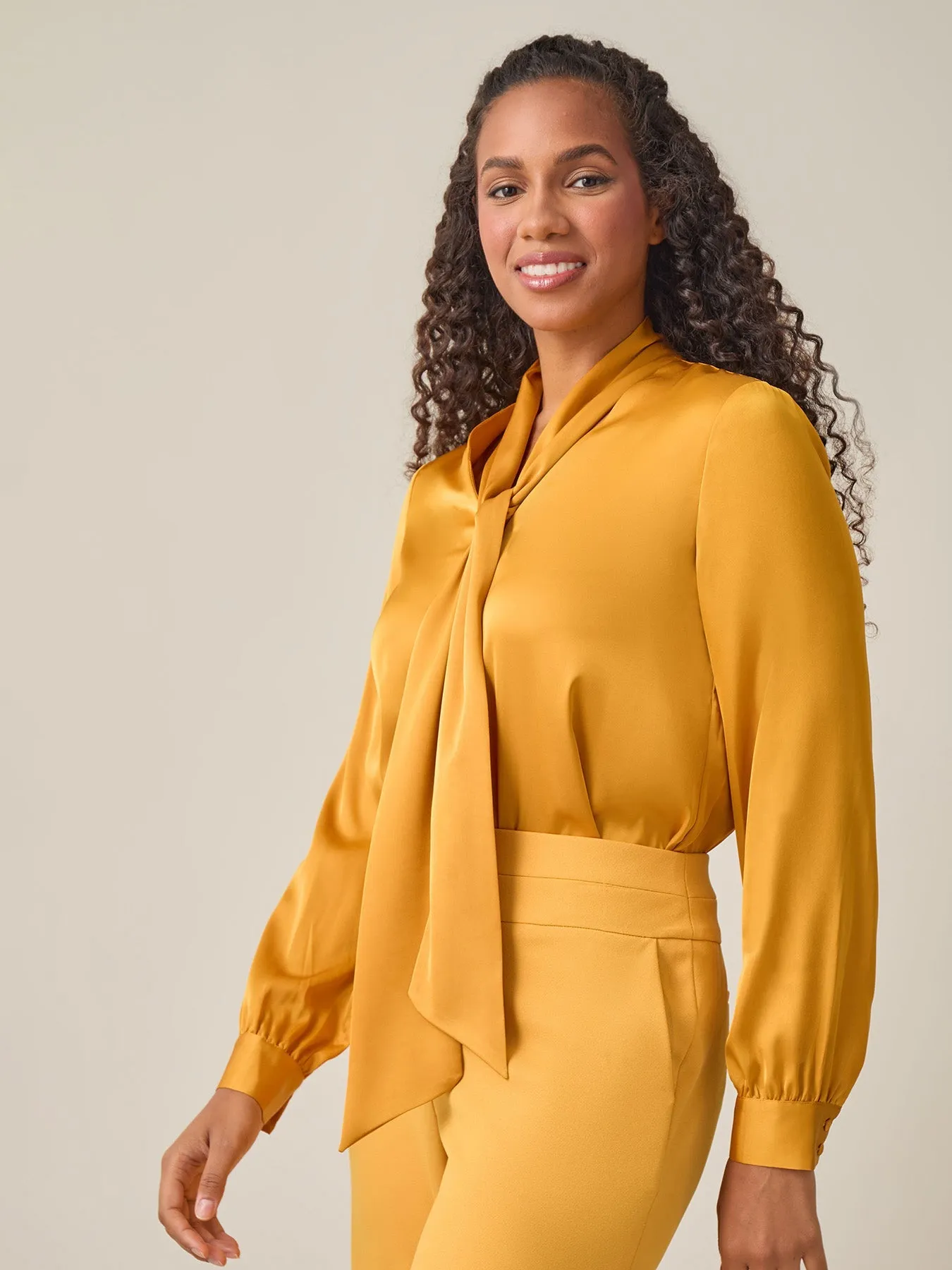 Plus Tie-Neck Long Sleeve Blouse, Gold Signature