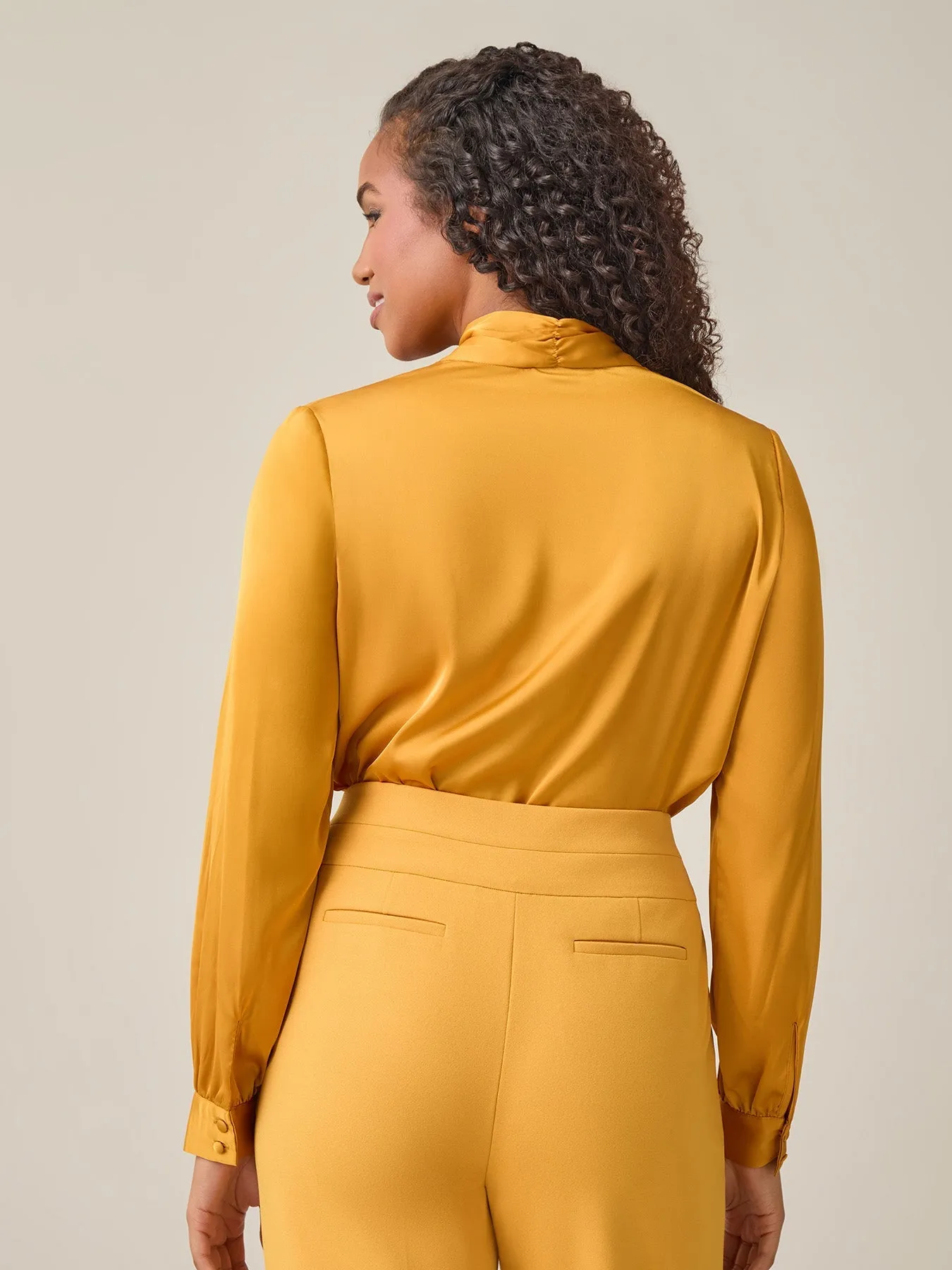 Plus Tie-Neck Long Sleeve Blouse, Gold Signature
