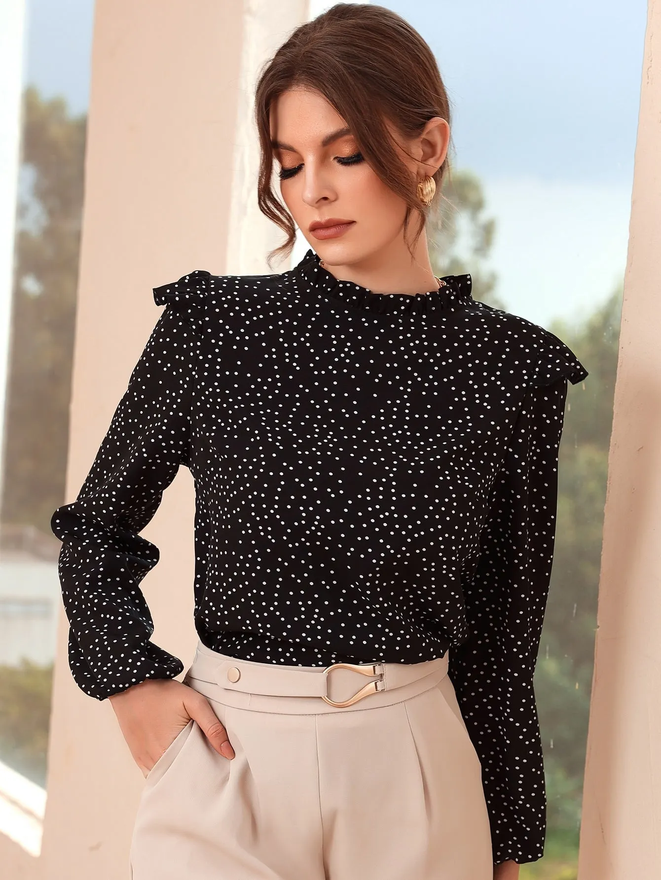Polka Dot Ruffle Trim Frilled Neck Blouse