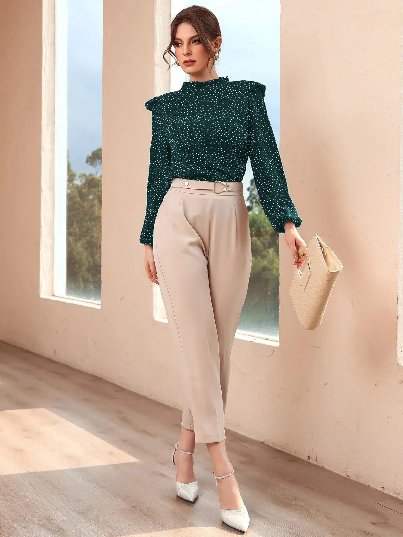 Polka Dot Ruffle Trim Frilled Neck Blouse