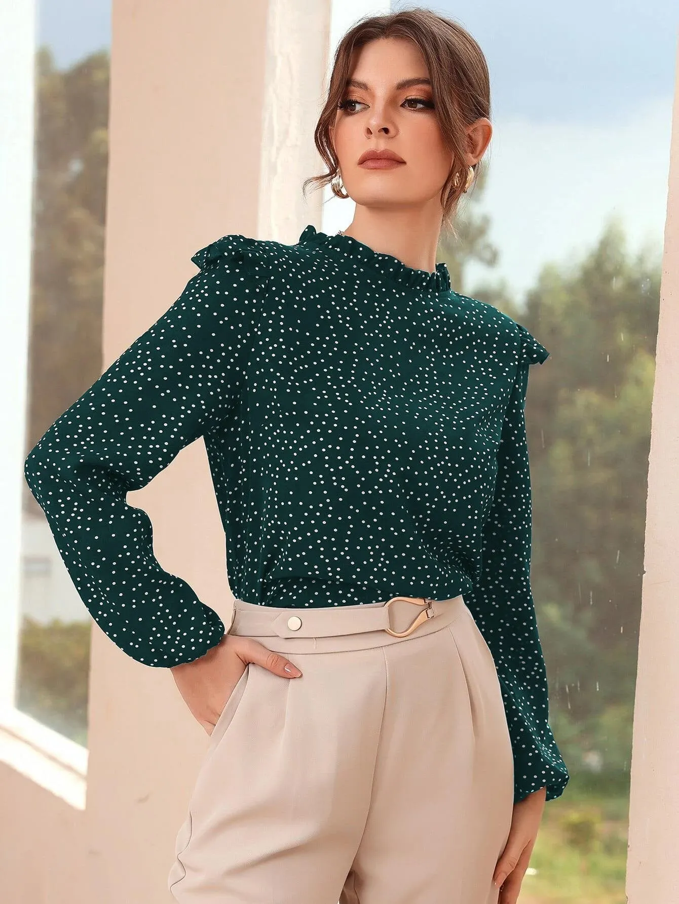 Polka Dot Ruffle Trim Frilled Neck Blouse