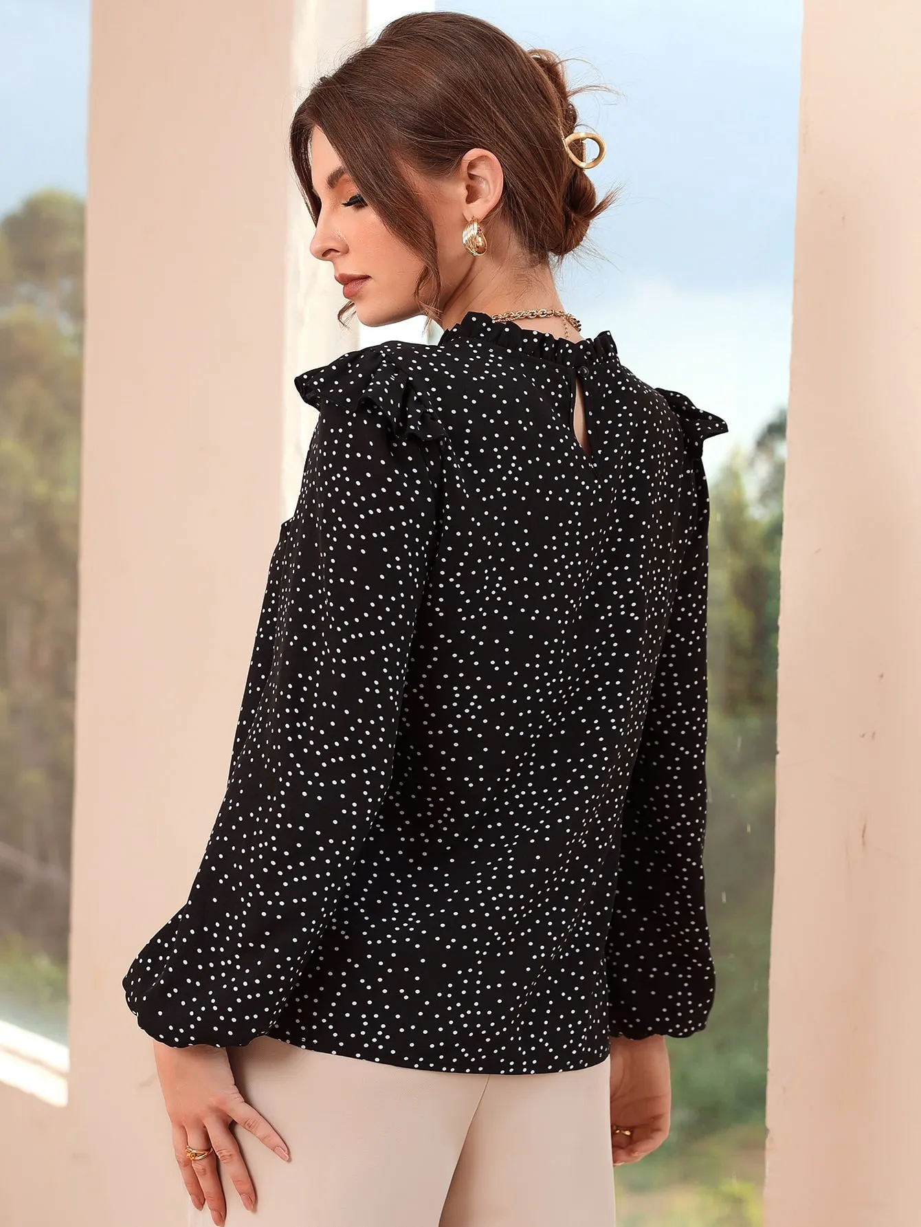 Polka Dot Ruffle Trim Frilled Neck Blouse