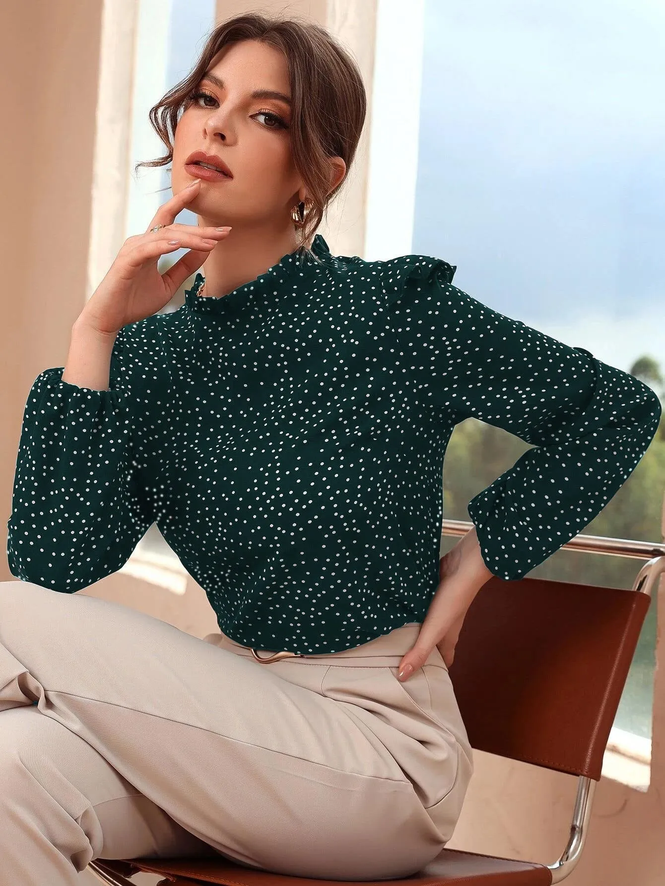 Polka Dot Ruffle Trim Frilled Neck Blouse