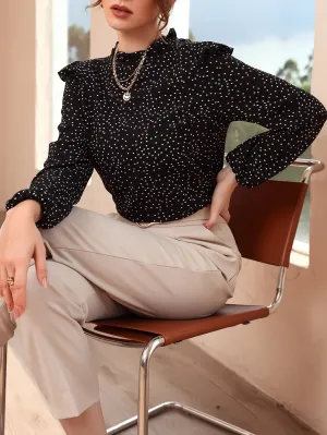 Polka Dot Ruffle Trim Frilled Neck Blouse