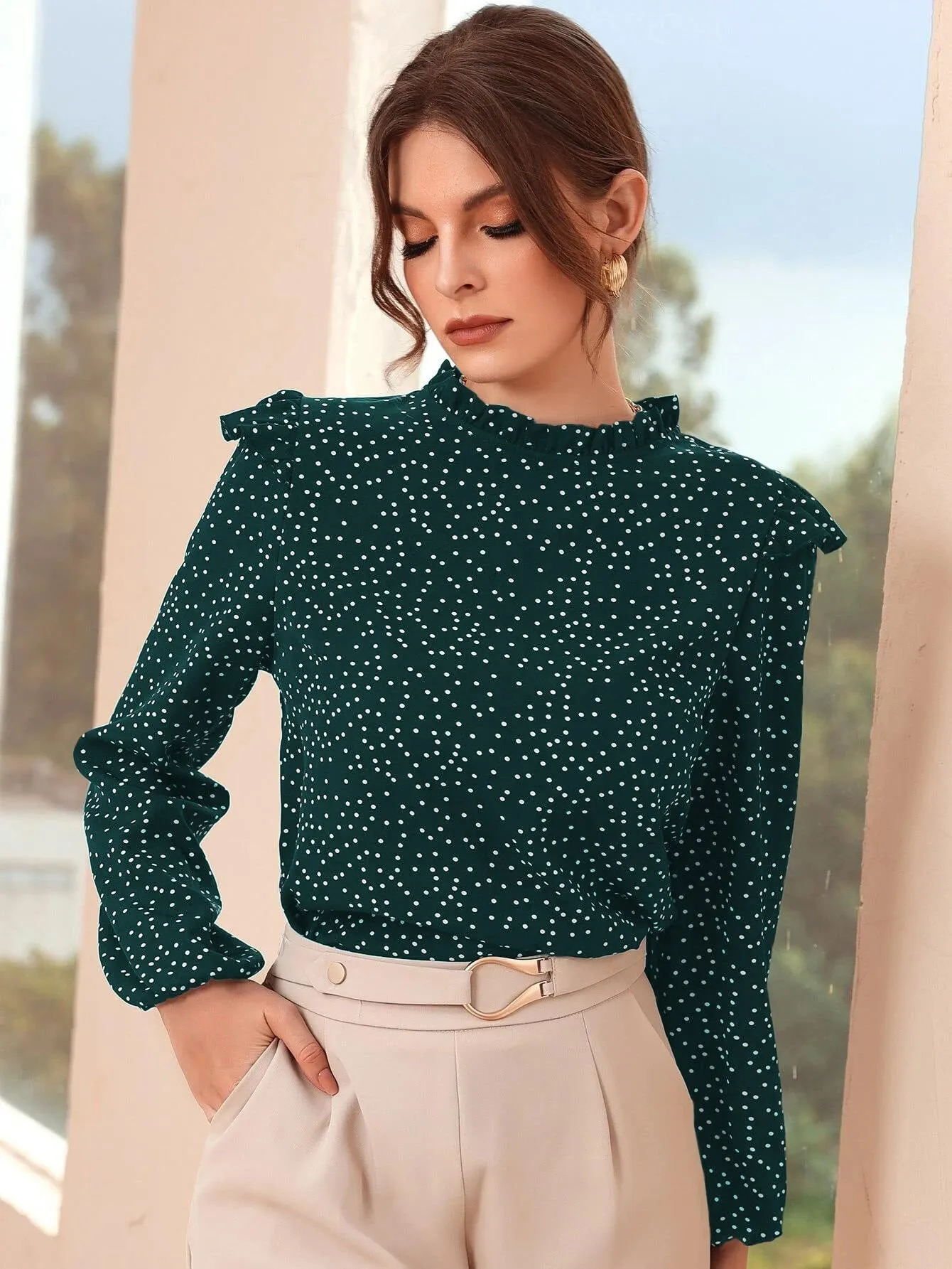 Polka Dot Ruffle Trim Frilled Neck Blouse