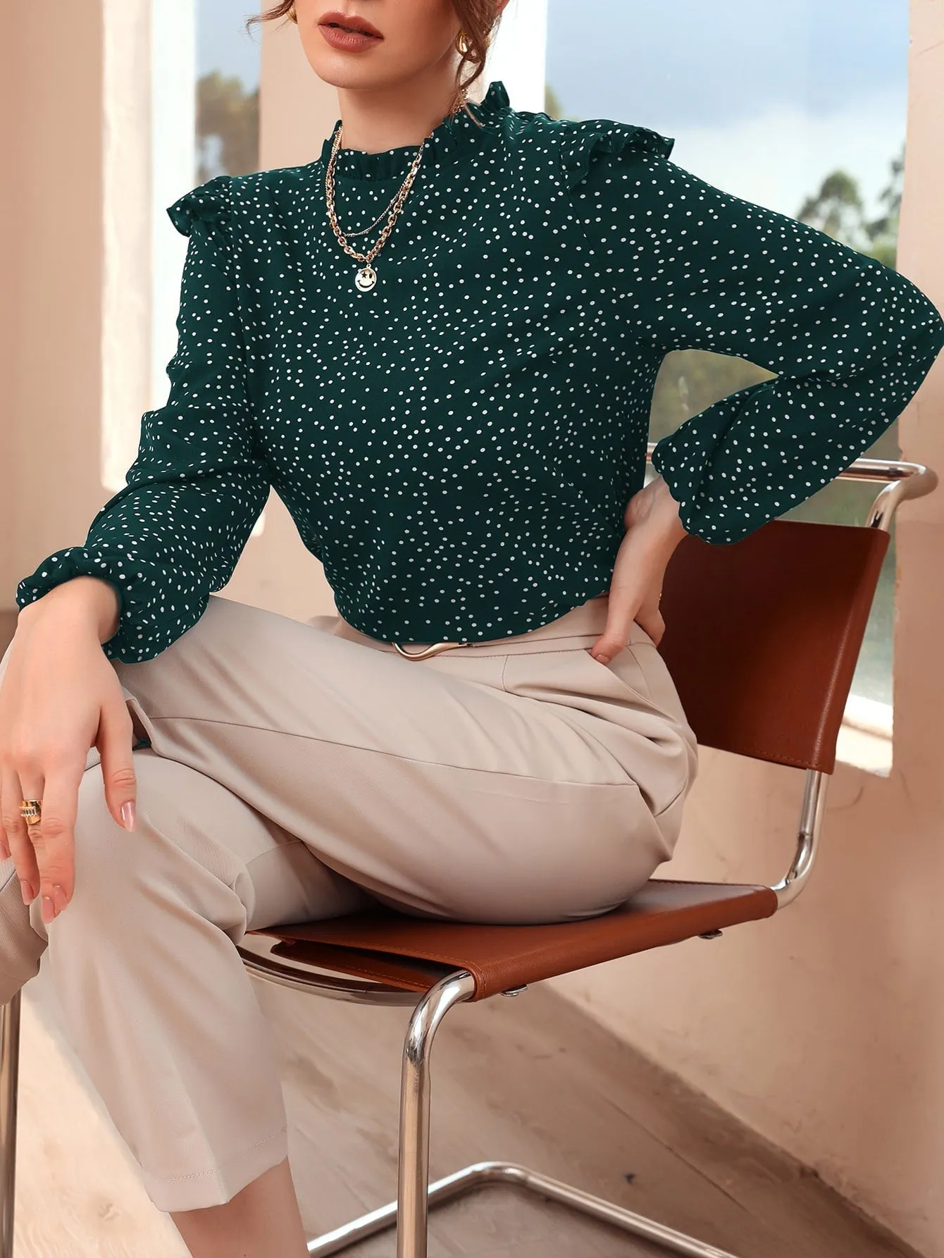 Polka Dot Ruffle Trim Frilled Neck Blouse
