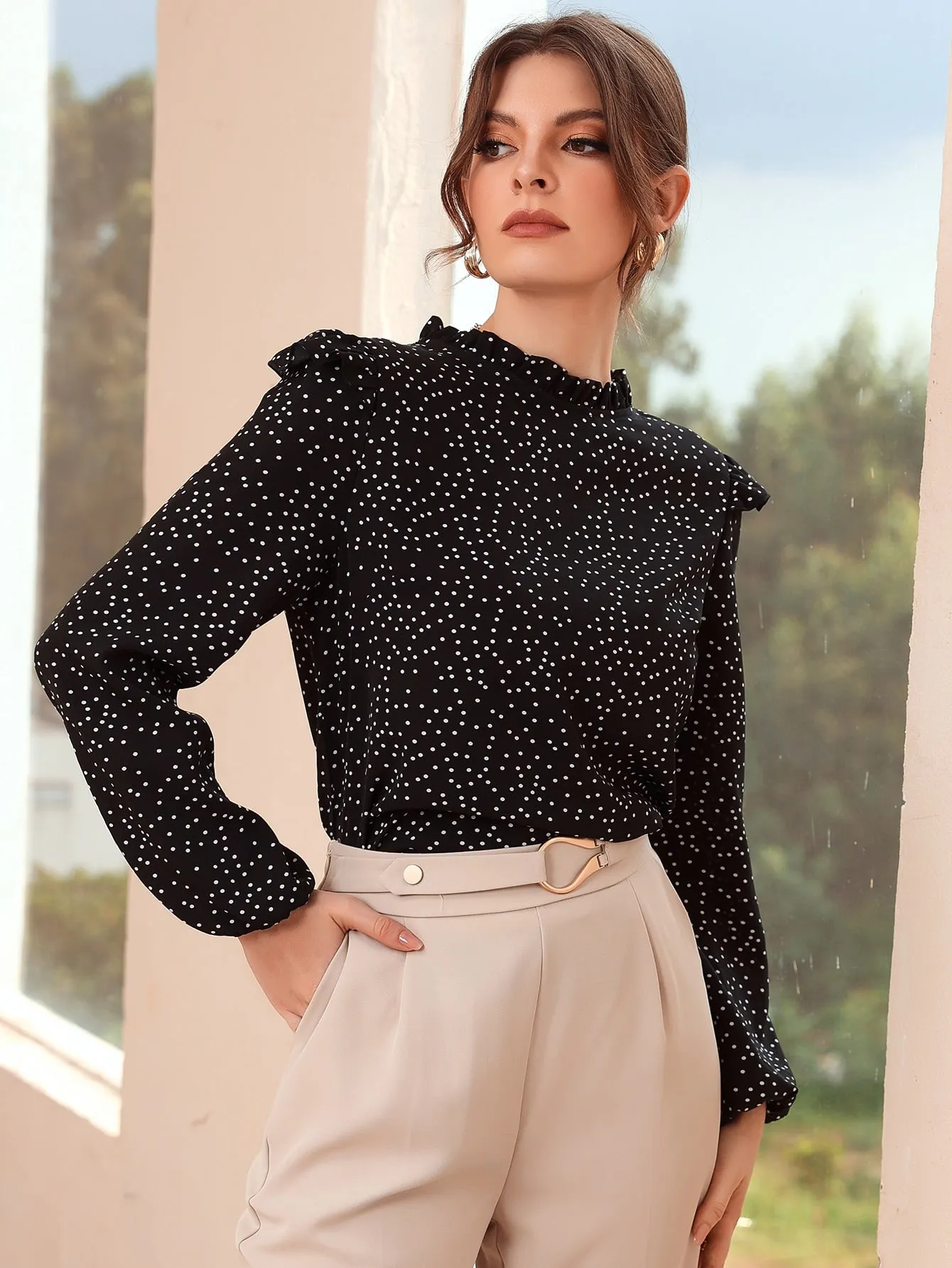 Polka Dot Ruffle Trim Frilled Neck Blouse