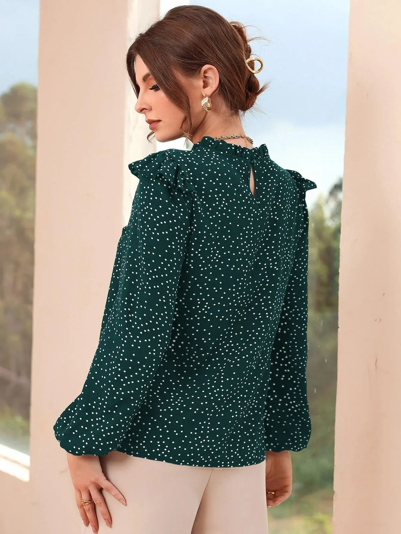 Polka Dot Ruffle Trim Frilled Neck Blouse