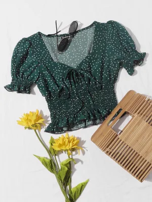 Polka Dot Shirred Short Sleeve Sweetheart Crop Plus Size Blouse