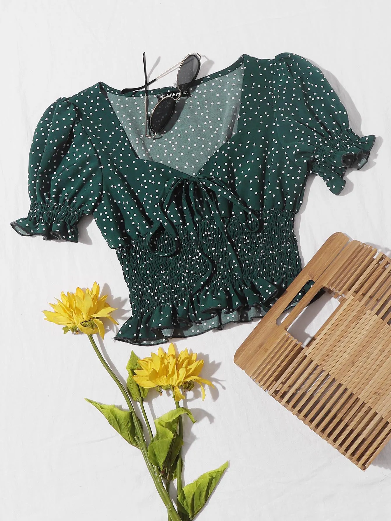 Polka Dot Shirred Short Sleeve Sweetheart Crop Plus Size Blouse