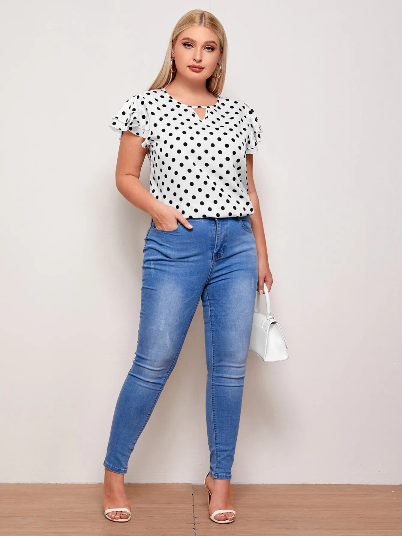 Polka Dot Tiered Layer Cap Sleeve Keyhole Neckline Regular Plus Size Blouse