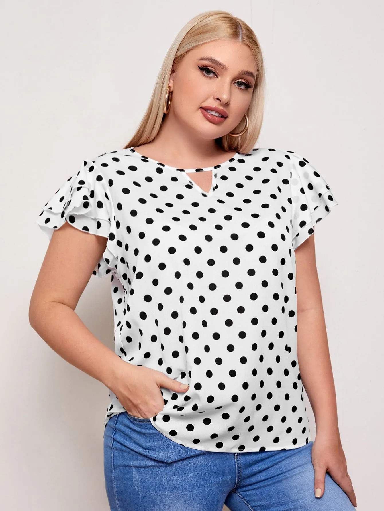 Polka Dot Tiered Layer Cap Sleeve Keyhole Neckline Regular Plus Size Blouse