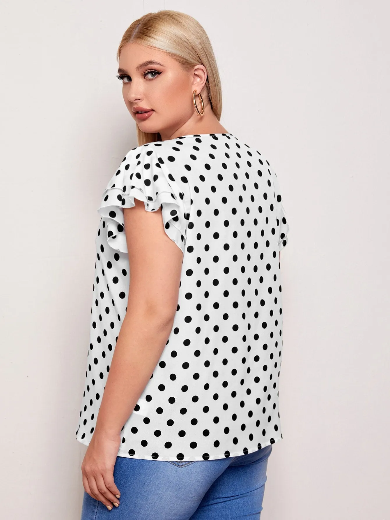 Polka Dot Tiered Layer Cap Sleeve Keyhole Neckline Regular Plus Size Blouse