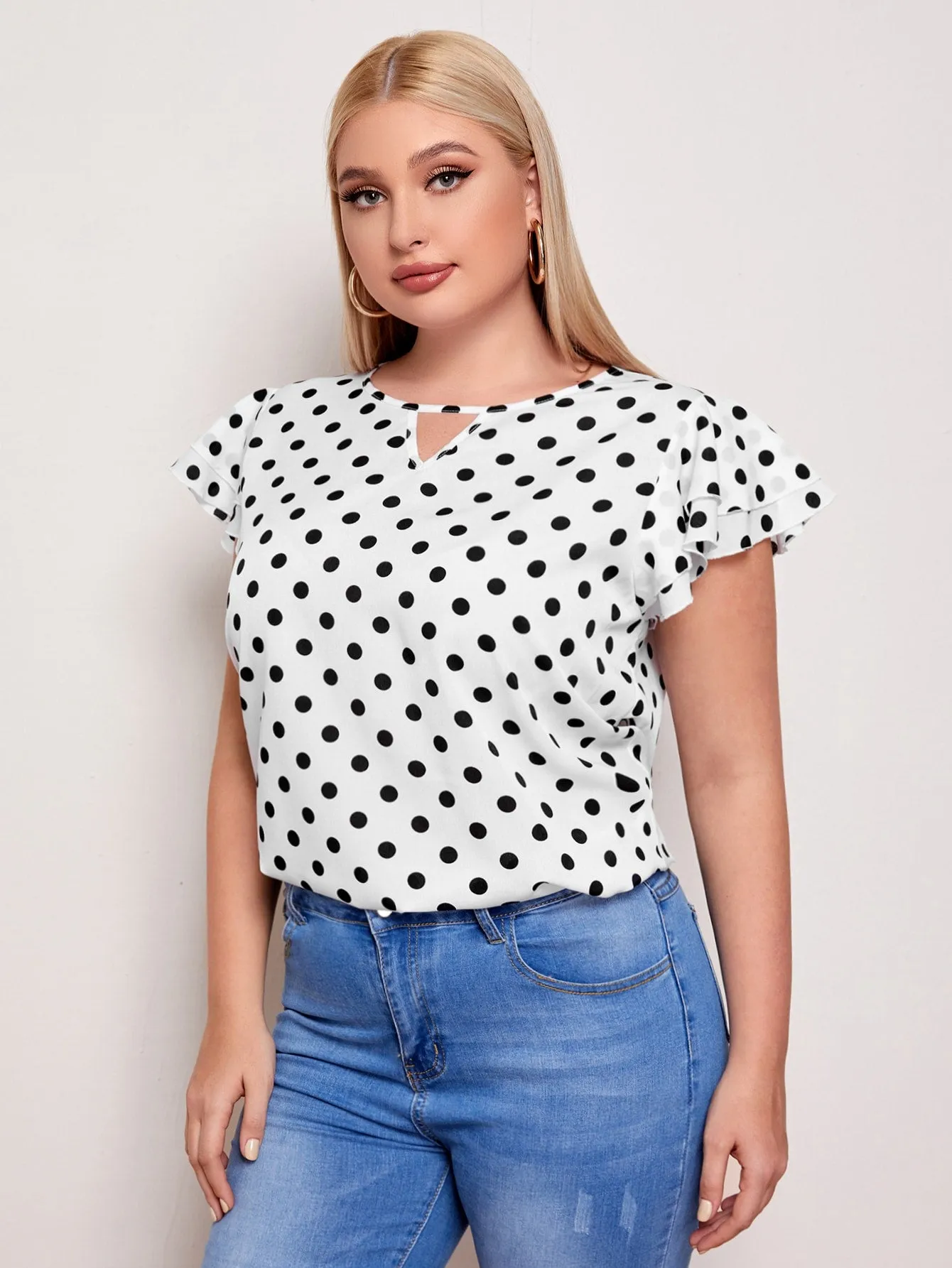 Polka Dot Tiered Layer Cap Sleeve Keyhole Neckline Regular Plus Size Blouse