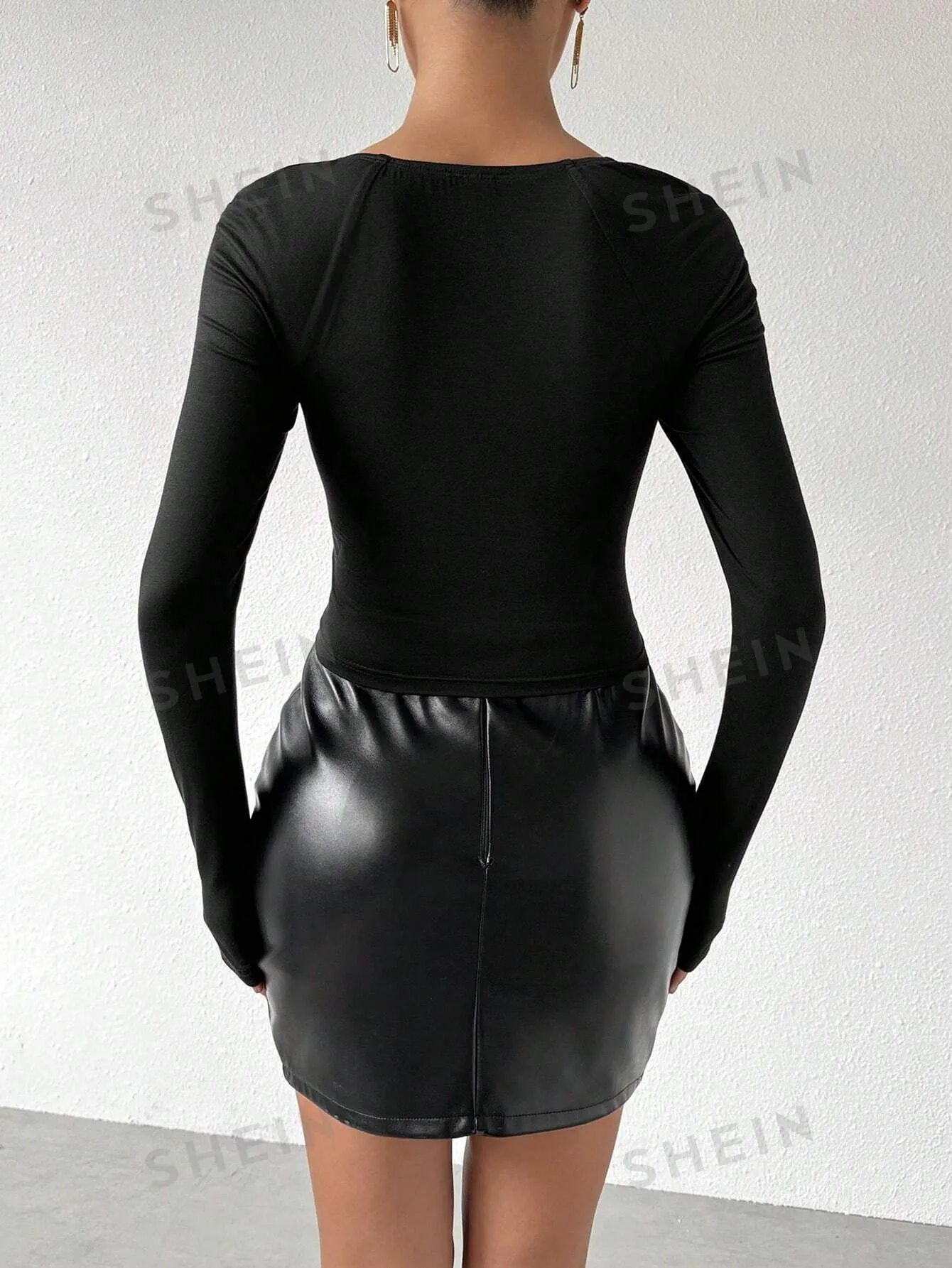 Privé Women's Sexy Bodycon Elastic Color Block Jointed Long Sleeve 2 In 1 T-Shirt