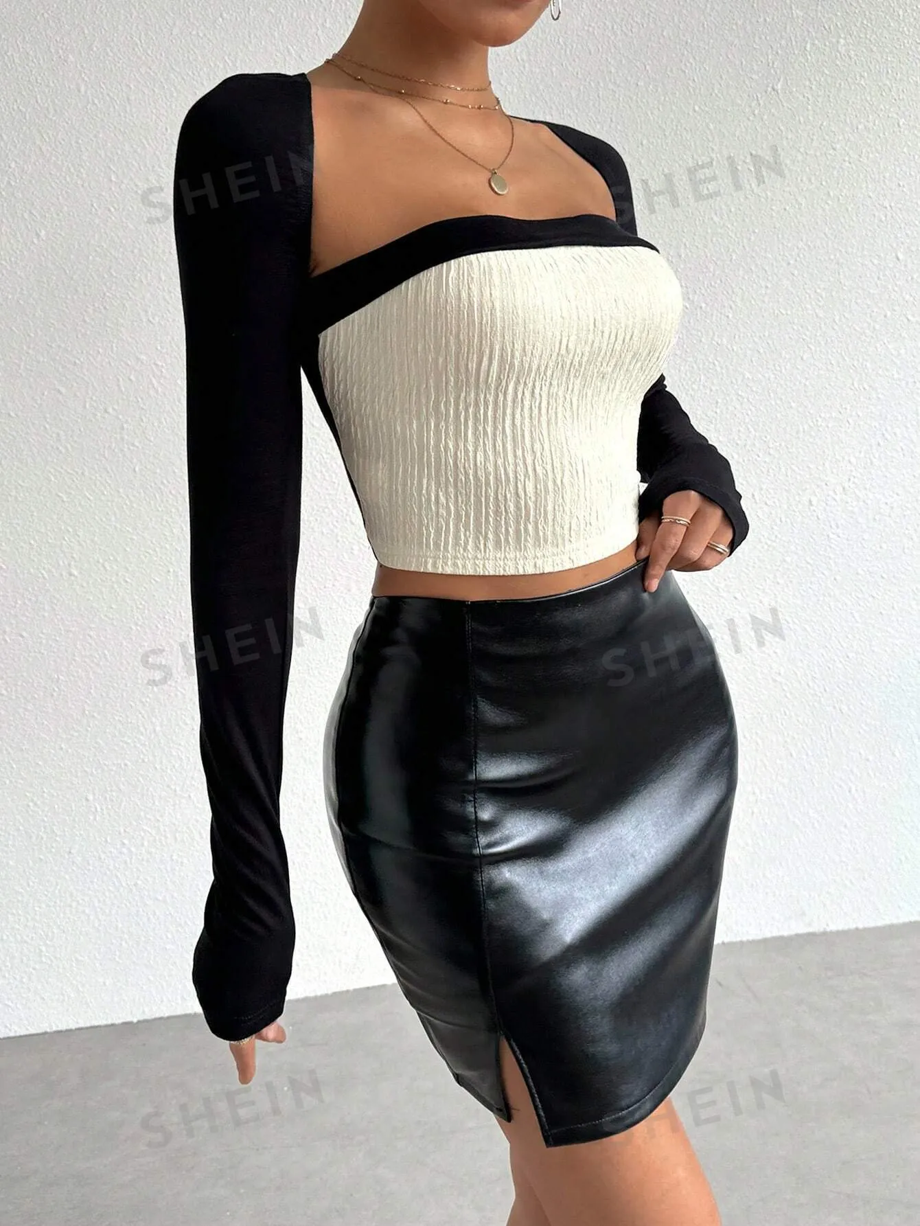 Privé Women's Sexy Bodycon Elastic Color Block Jointed Long Sleeve 2 In 1 T-Shirt