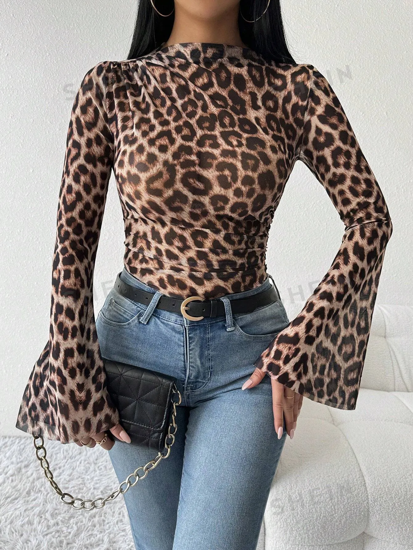 Privé Women's Stand Collar Long Sleeve Leopard Print Ruched Flare Sleeve Bodysuit