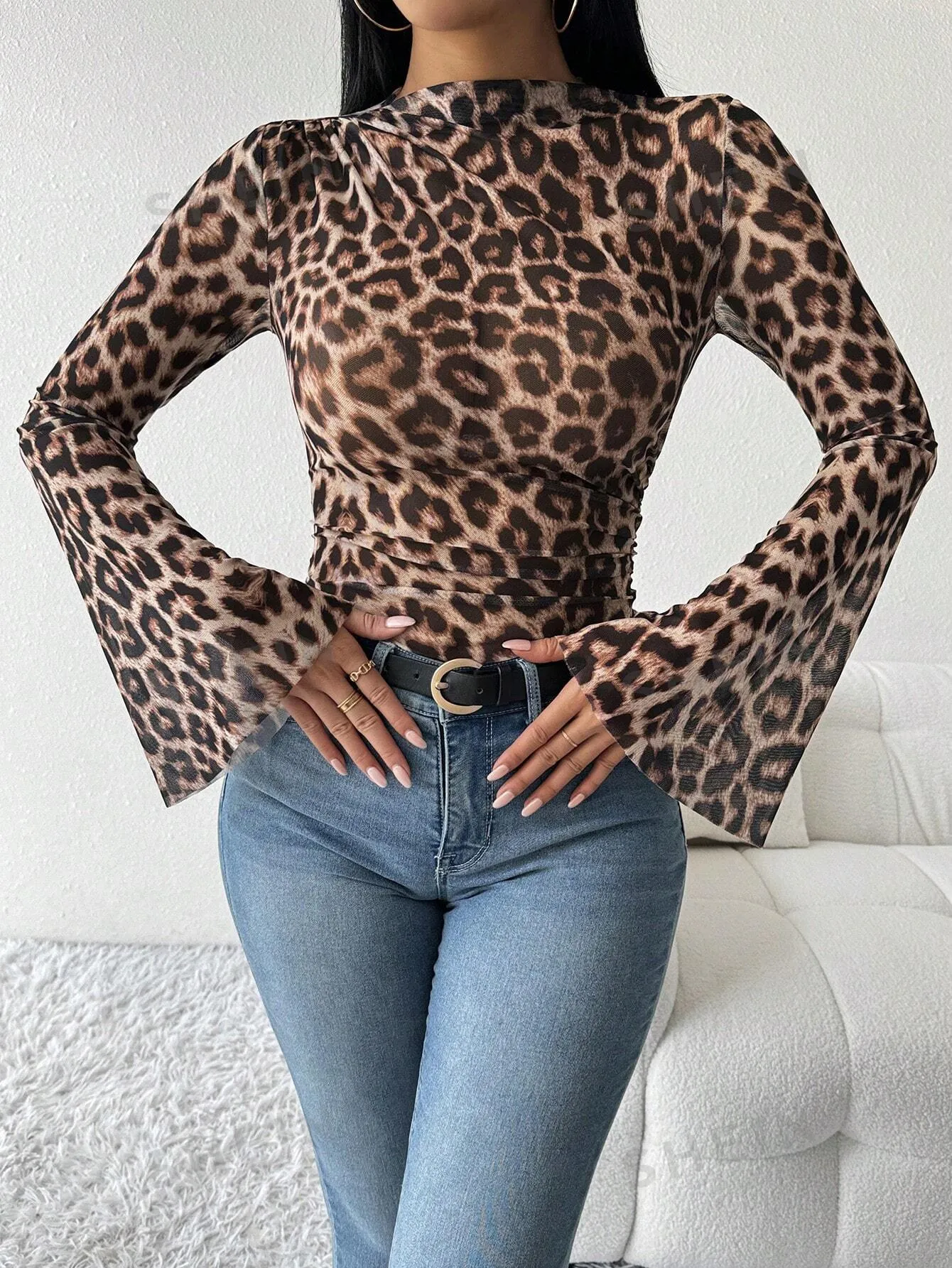 Privé Women's Stand Collar Long Sleeve Leopard Print Ruched Flare Sleeve Bodysuit