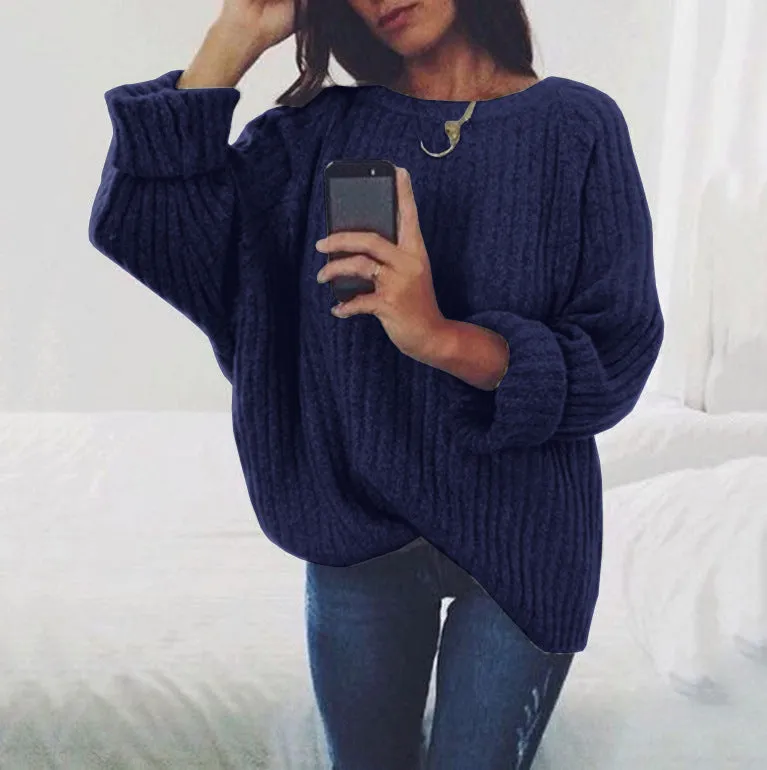 Pure Color Long Sleeves Scoop Regular Loose Sweater
