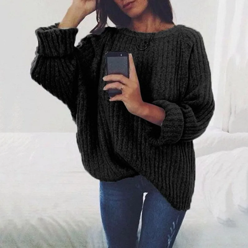 Pure Color Long Sleeves Scoop Regular Loose Sweater
