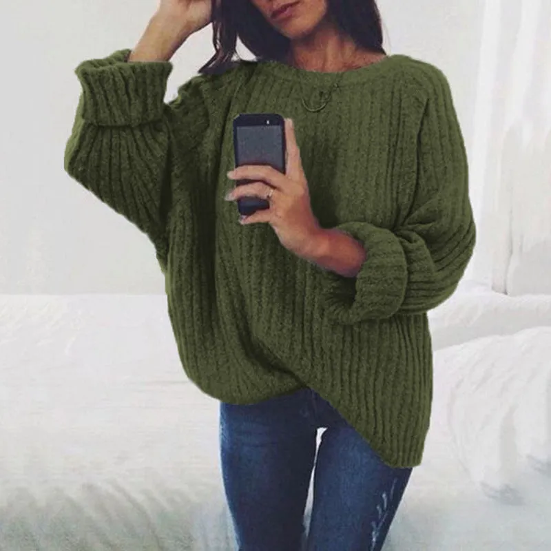 Pure Color Long Sleeves Scoop Regular Loose Sweater