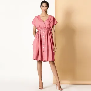 Red Frilled Cotton Knee Length Bohemian Dress