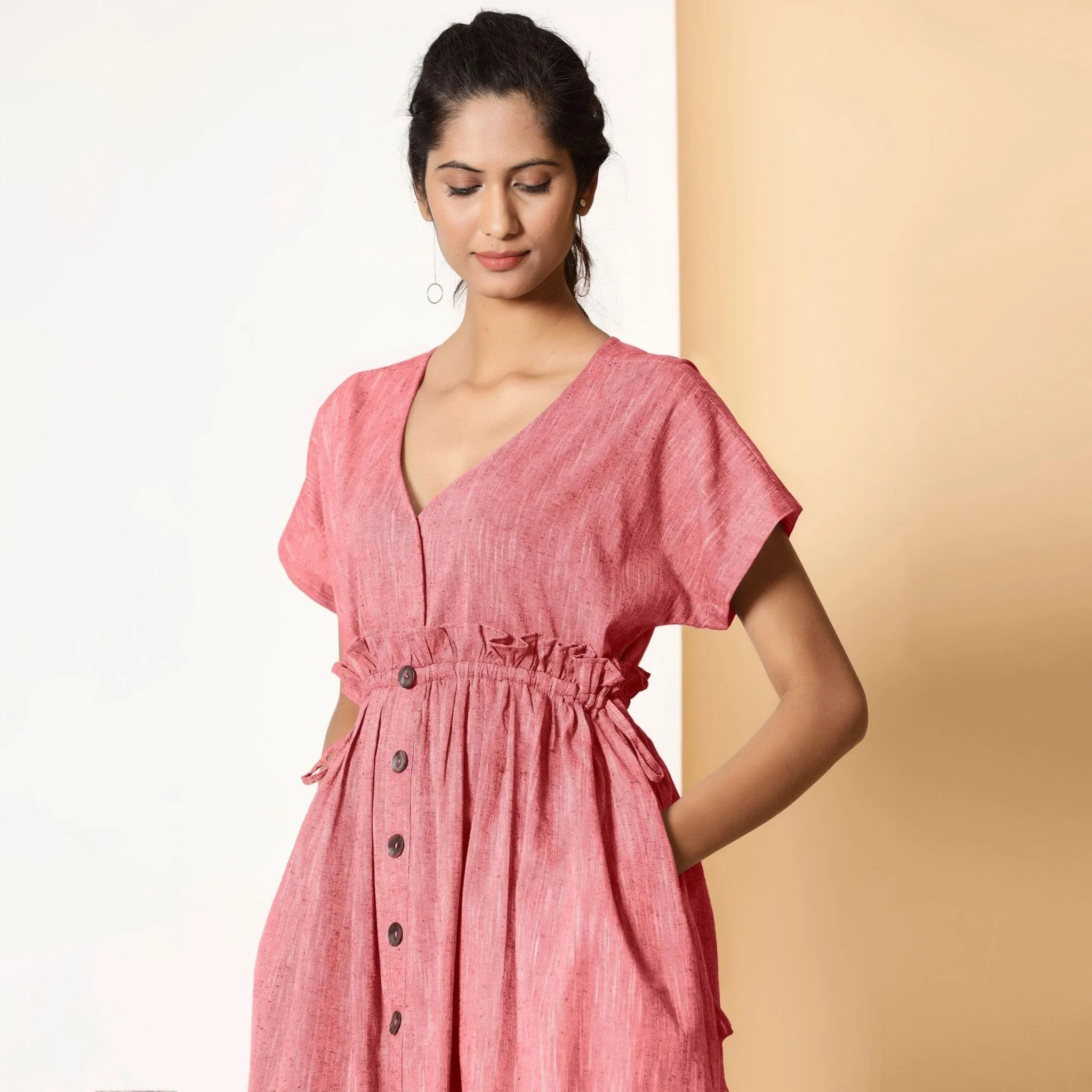 Red Frilled Cotton Knee Length Bohemian Dress
