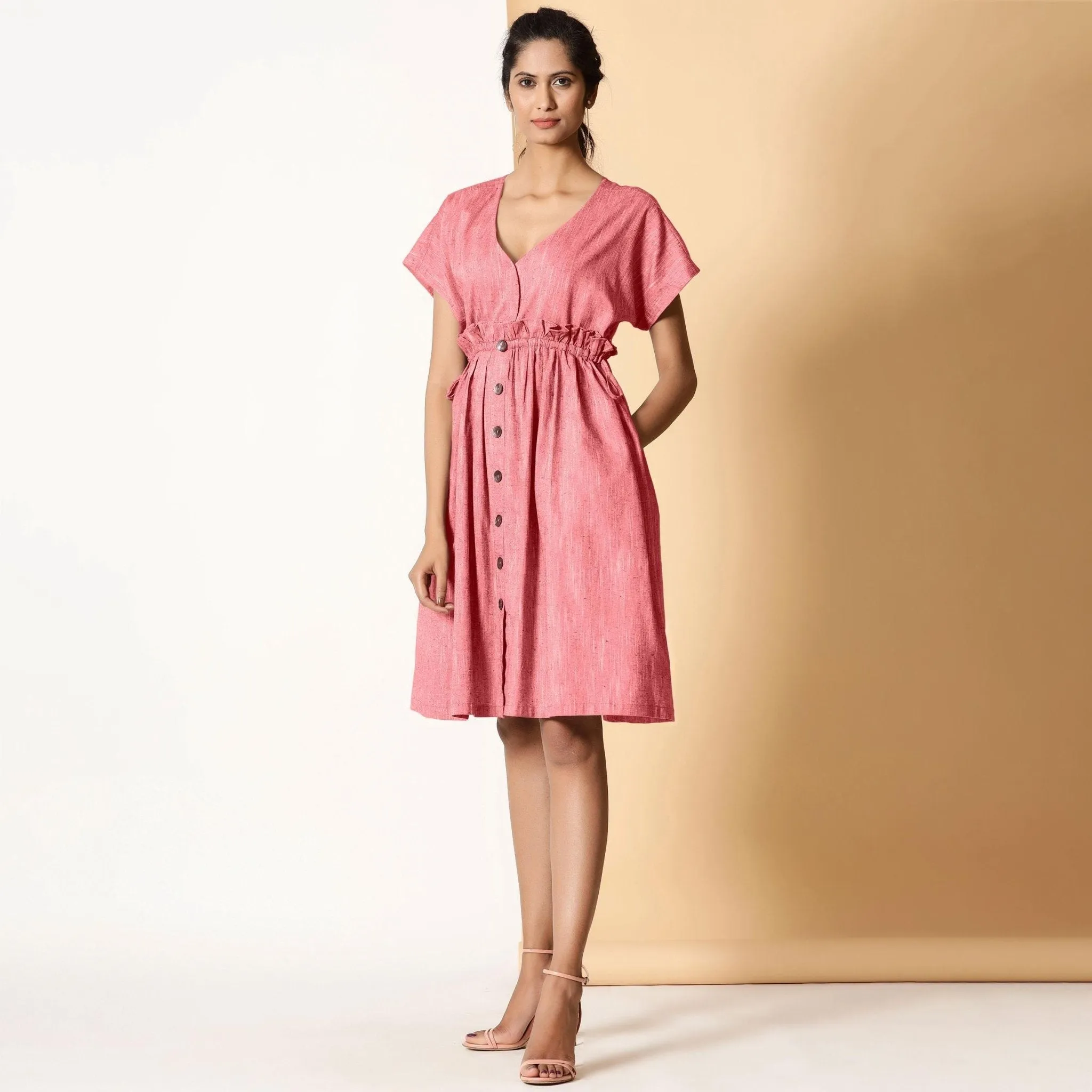 Red Frilled Cotton Knee Length Bohemian Dress