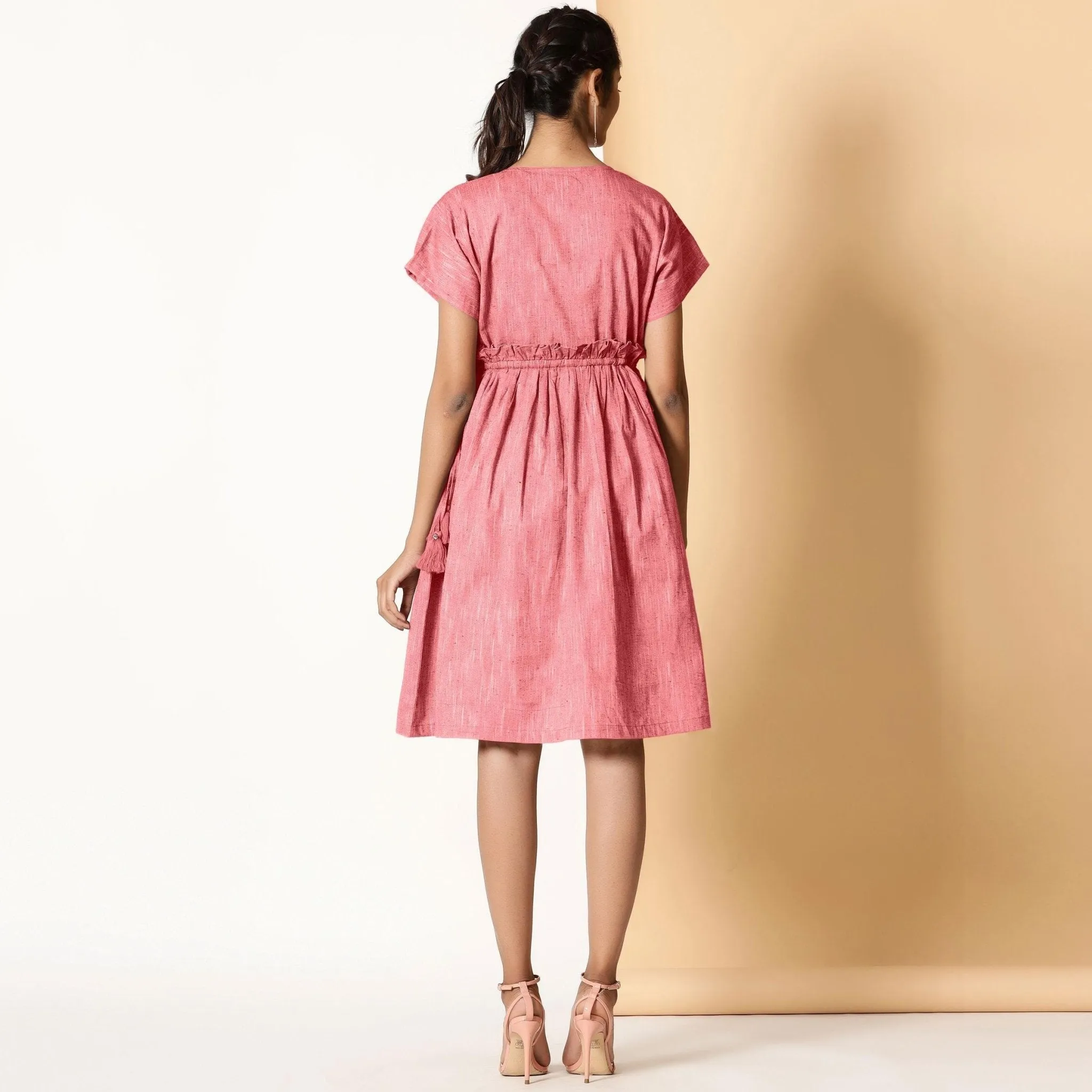 Red Frilled Cotton Knee Length Bohemian Dress