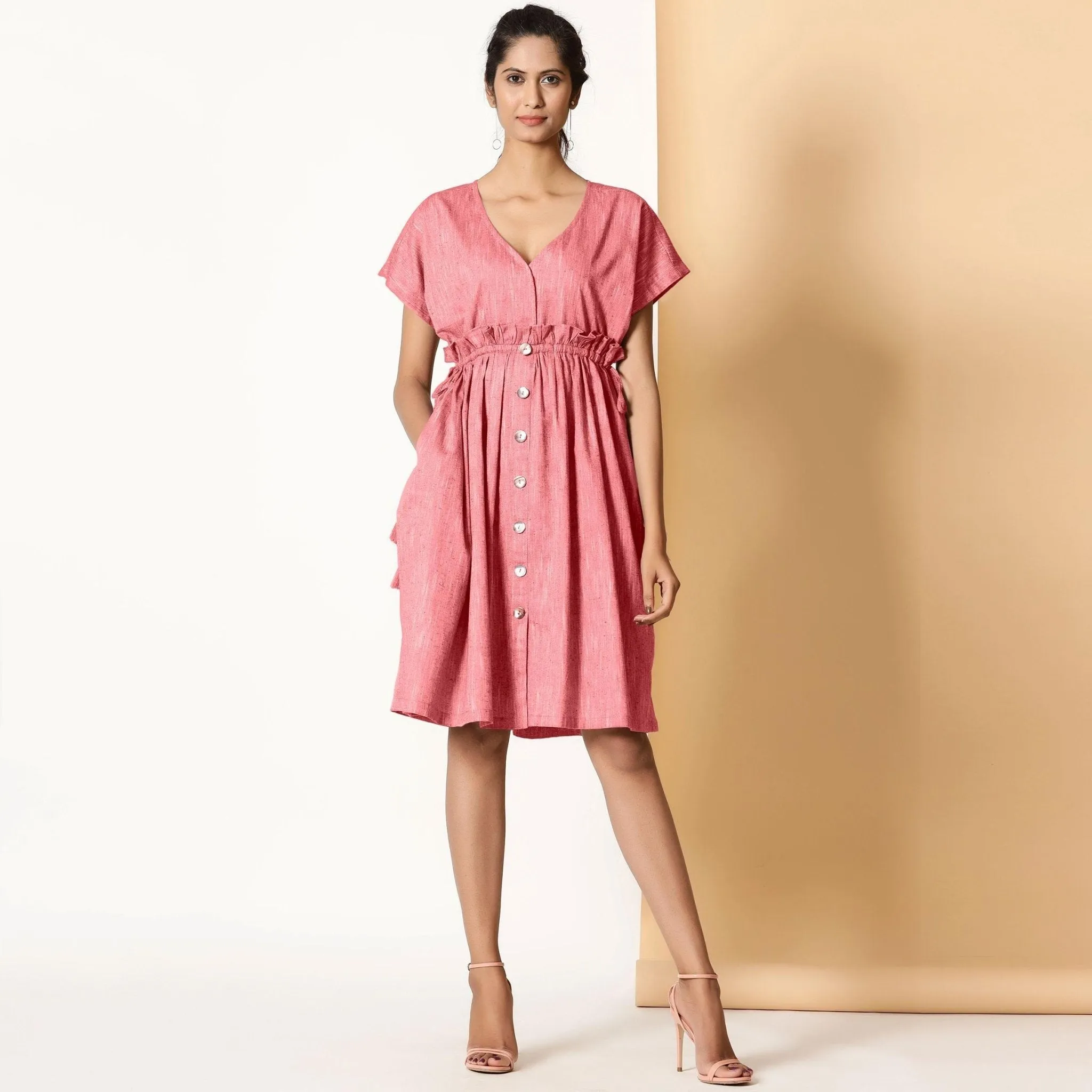 Red Frilled Cotton Knee Length Bohemian Dress