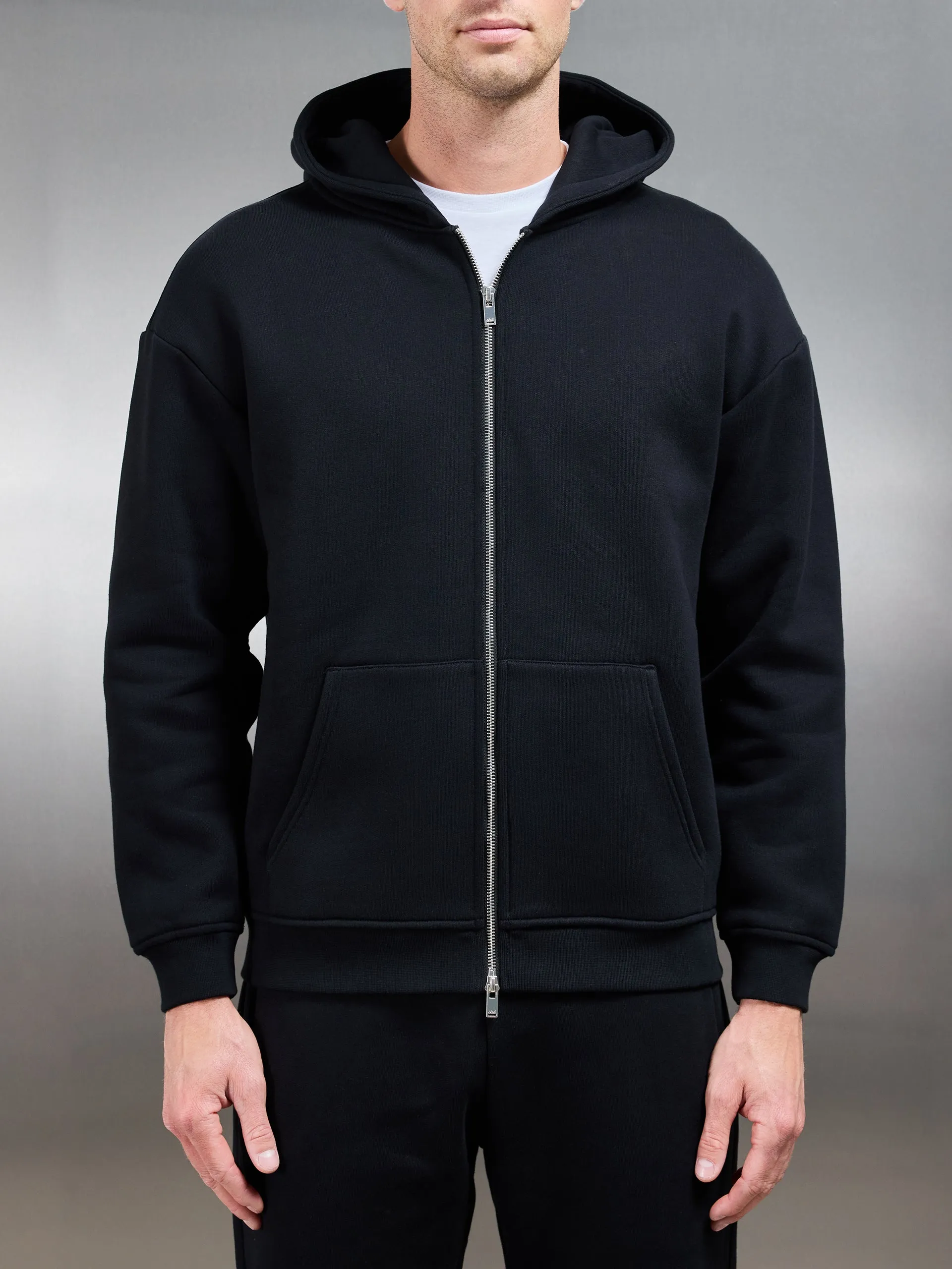 Relaxed Zip Through Hoodie in Black