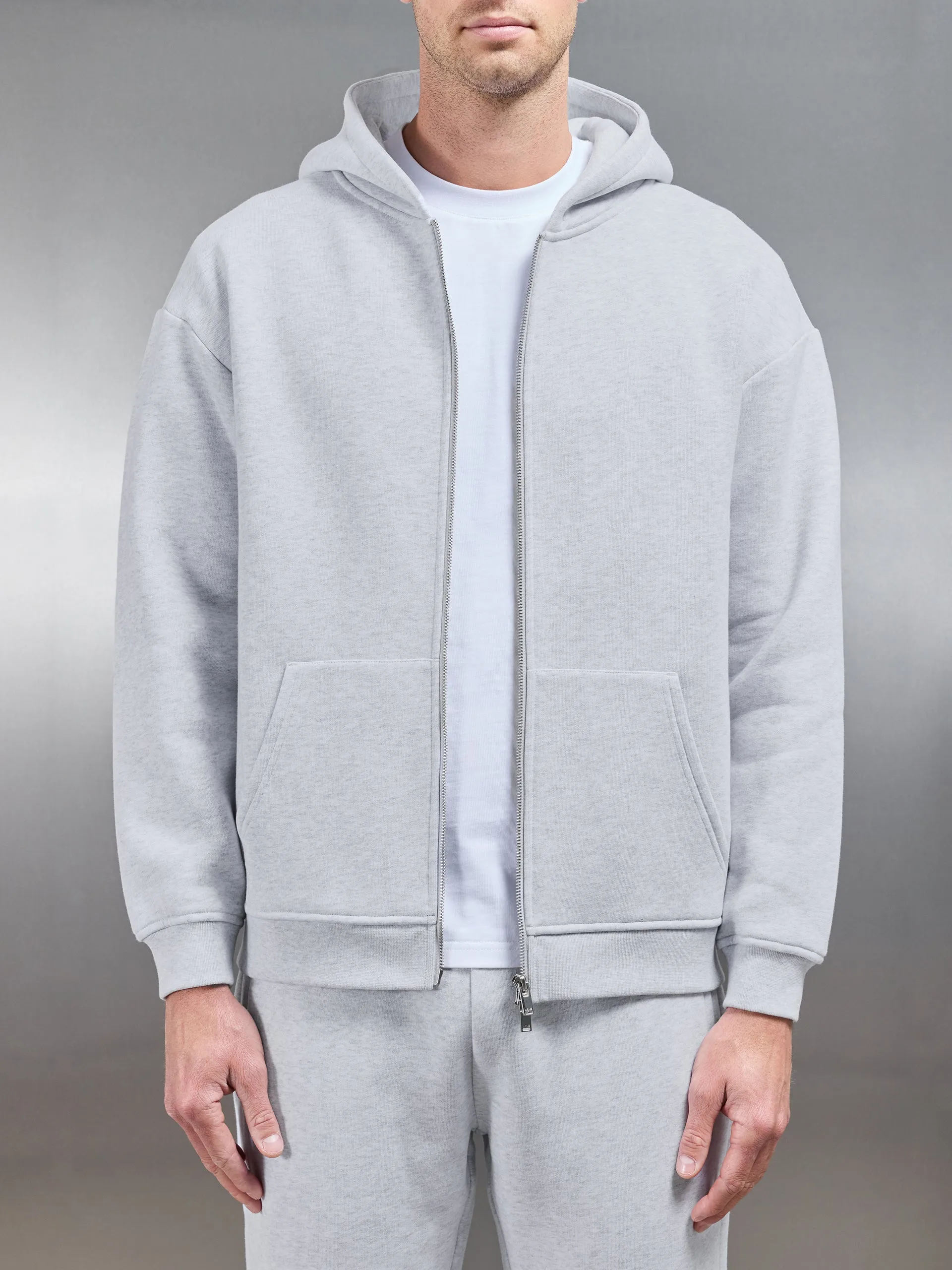 Relaxed Zip Through Hoodie in Marl Grey