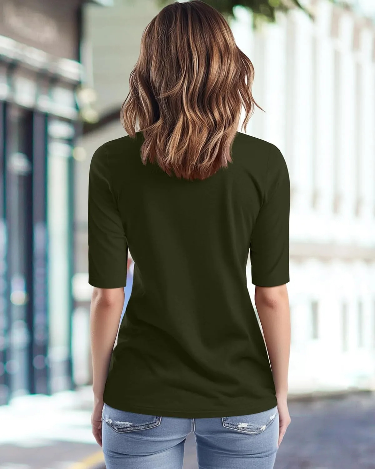 Riyiper 3 Pack Women's 1/2 Sleeve Tops Half Length Sleeve Cotton Crewneck T Shirts Slim Fit Casual Elbow Summer Basic Tees