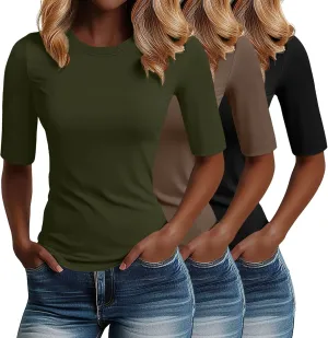 Riyiper 3 Pack Women's 1/2 Sleeve Tops Half Length Sleeve Cotton Crewneck T Shirts Slim Fit Casual Elbow Summer Basic Tees