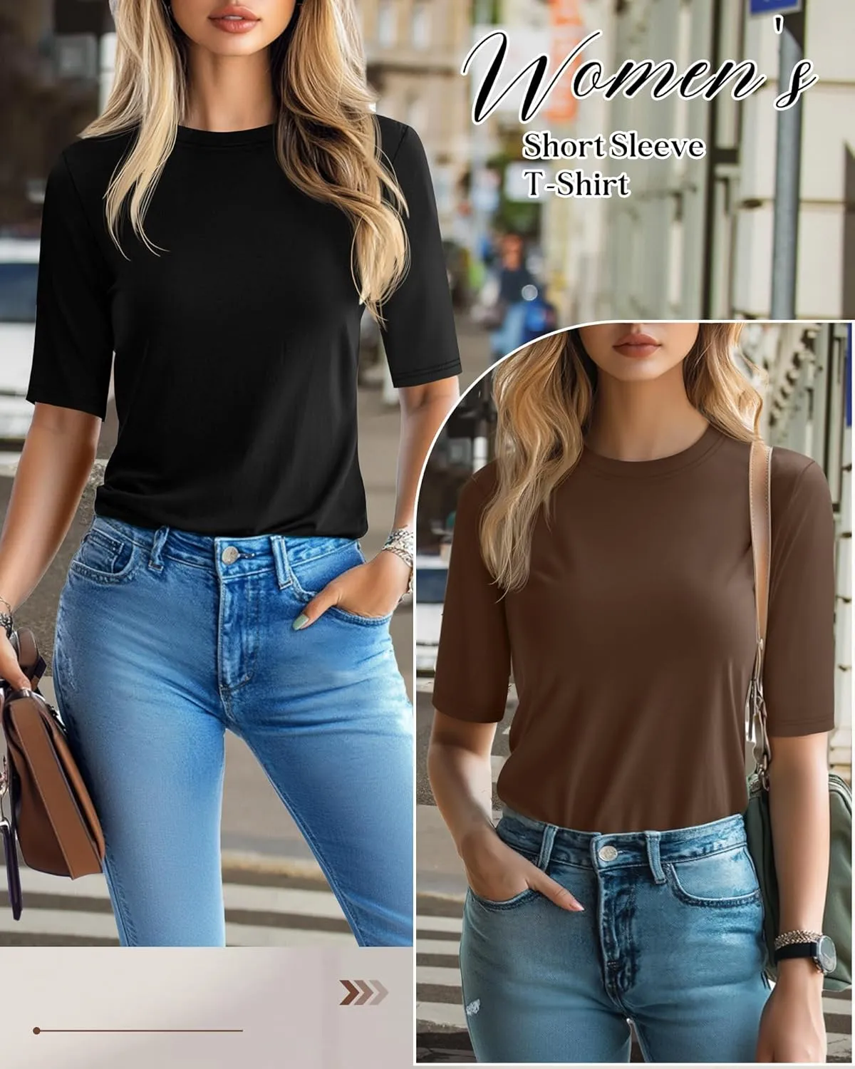 Riyiper 3 Pack Women's 1/2 Sleeve Tops Half Length Sleeve Cotton Crewneck T Shirts Slim Fit Casual Elbow Summer Basic Tees