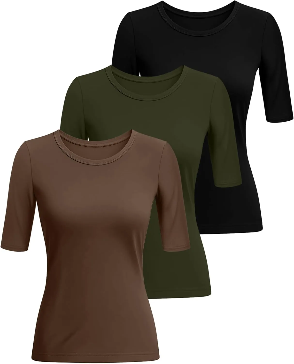 Riyiper 3 Pack Women's 1/2 Sleeve Tops Half Length Sleeve Cotton Crewneck T Shirts Slim Fit Casual Elbow Summer Basic Tees