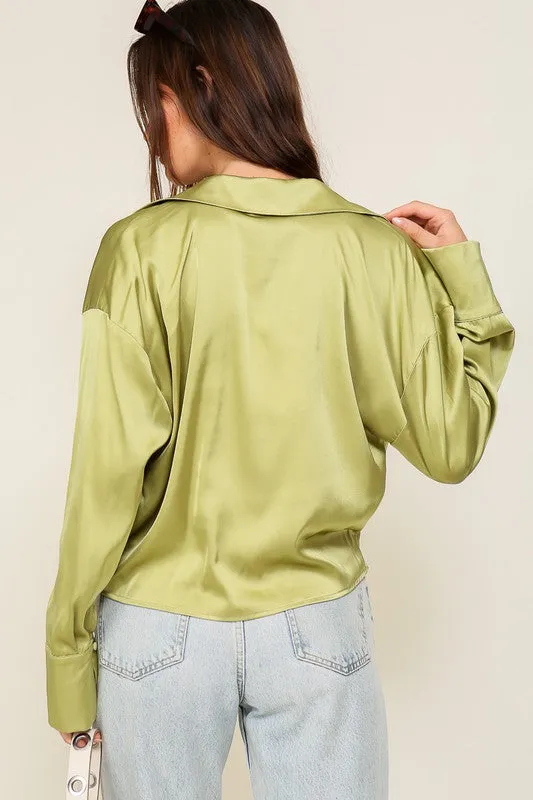 Sage Long Sleeve Collared Surplice Satin Top