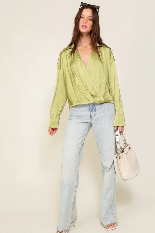 Sage Long Sleeve Collared Surplice Satin Top