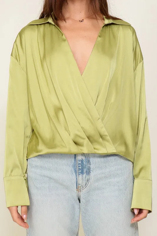 Sage Long Sleeve Collared Surplice Satin Top